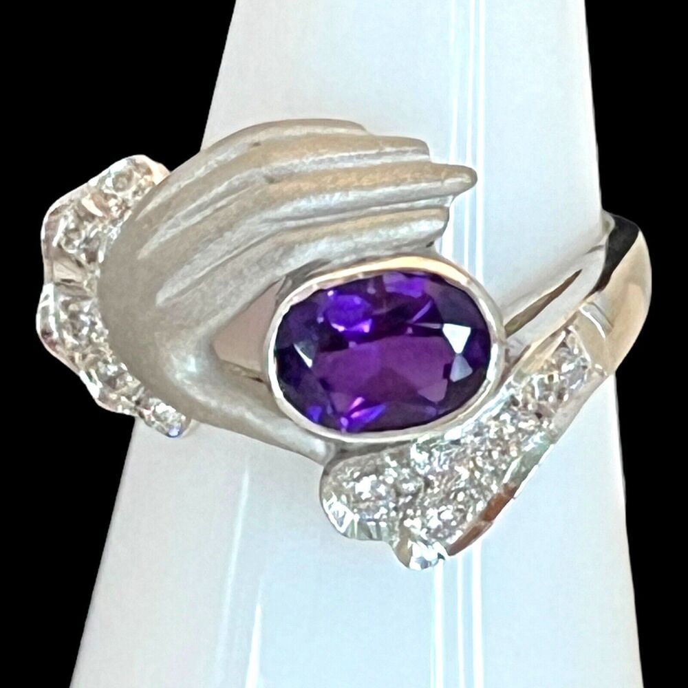 Vintage 1970s Sterling Silver Crystal Ring Sculptural Statement Size 7.5 - 4B